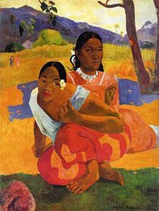 nafea faaipoipo.jpg - Nafea faa ipoipo, 1892 - La composizione decorativa di questa grande tela gioca sull´opposizione dei colori complementari per evocare la giocositá e le contraddizioni dell´adolescenza. 
A Gauguin doveva piacere in modo particolare la figure accovacciata che ritrae in numerosi studi preparatori. Sembra che il pittore abbia preso a modello la donna situata all´estrema destra del quadro "Donne di Algeri" di Delacroix, artista ammirato profondamente da Gauguin. A giustificazione del titolo che si puó tradurre: "Quando ti sposi?", Field suppone che il fiore che la donna in primo piano porta fra i capelli, indichi che sta cercando marito. Gauguin oppone la ragazza inginocchiata con un pareo di un rosso acceso, alla donna in secondo piano, castigata in un vestito occidentale di un rosa che testimonia un carattere diverso, meno impetuoso, rispetto all´altra figura. L'autore affida questo quadro ed altri cinque al mercante Durand-Ruel, dopo l´esposizione personale tenuta nel novembre del 1893. A dimostrazione dell´importanza di questa tela, Gauguin richiede uno dei prezzi piú consistenti: 1500 Franchi
